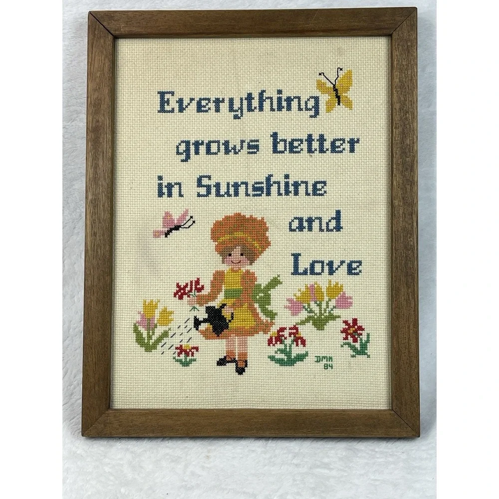 Vintage Cross Stitch Framed Quote Sunshine Love Girl Garden Floral 13x10